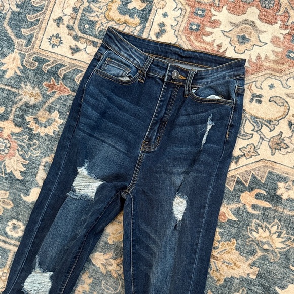 SHEIN Small 4 High Rise Distressed Dark Blue Jeans - Picture 2 of 6